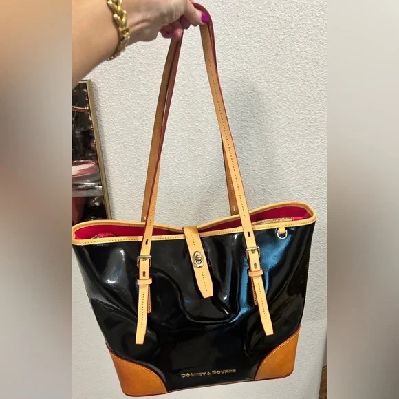 Dooney & Bourke Black Patent Tote with Tan Trim and Pink Interior w/ Reg. paper - Picture 1 of 13